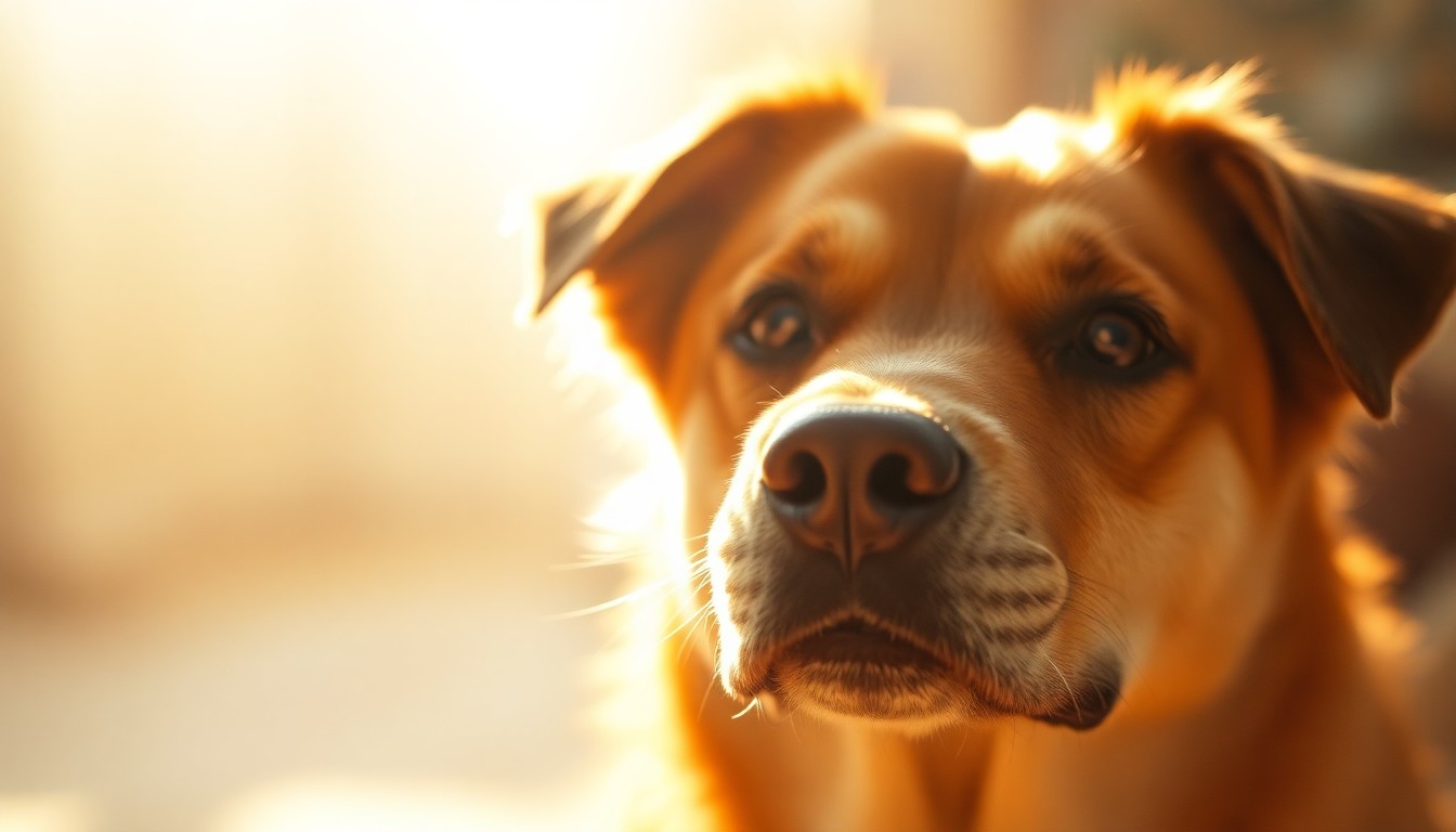 An extremely abstracted, out-of-focus photograph of a dog's face in soft pools of warm, golden light, conceptually representing the search for a forever home for a shelter pet.