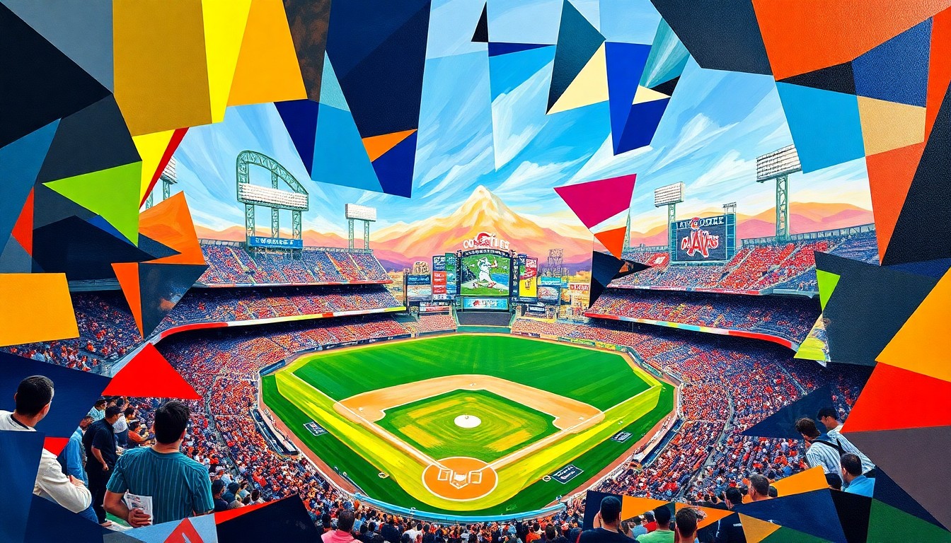 A fragmented, geometric painting in vibrant colors depicting the dynamic movements and energy of a baseball game, with players and the field deconstructed into overlapping angular shapes.
