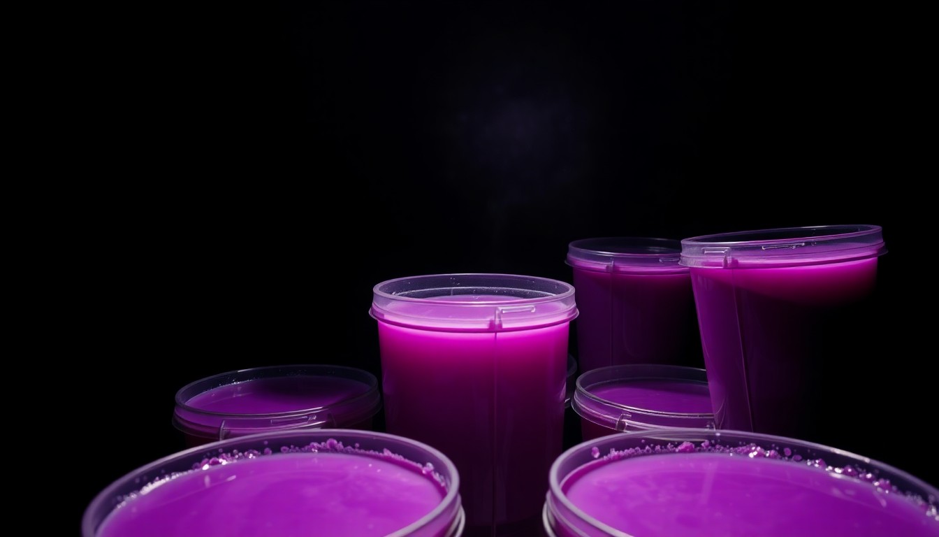 An extreme close-up photograph of several large plastic buckets filled with a purple liquid substance, creating a stark, gritty, investigative aesthetic.