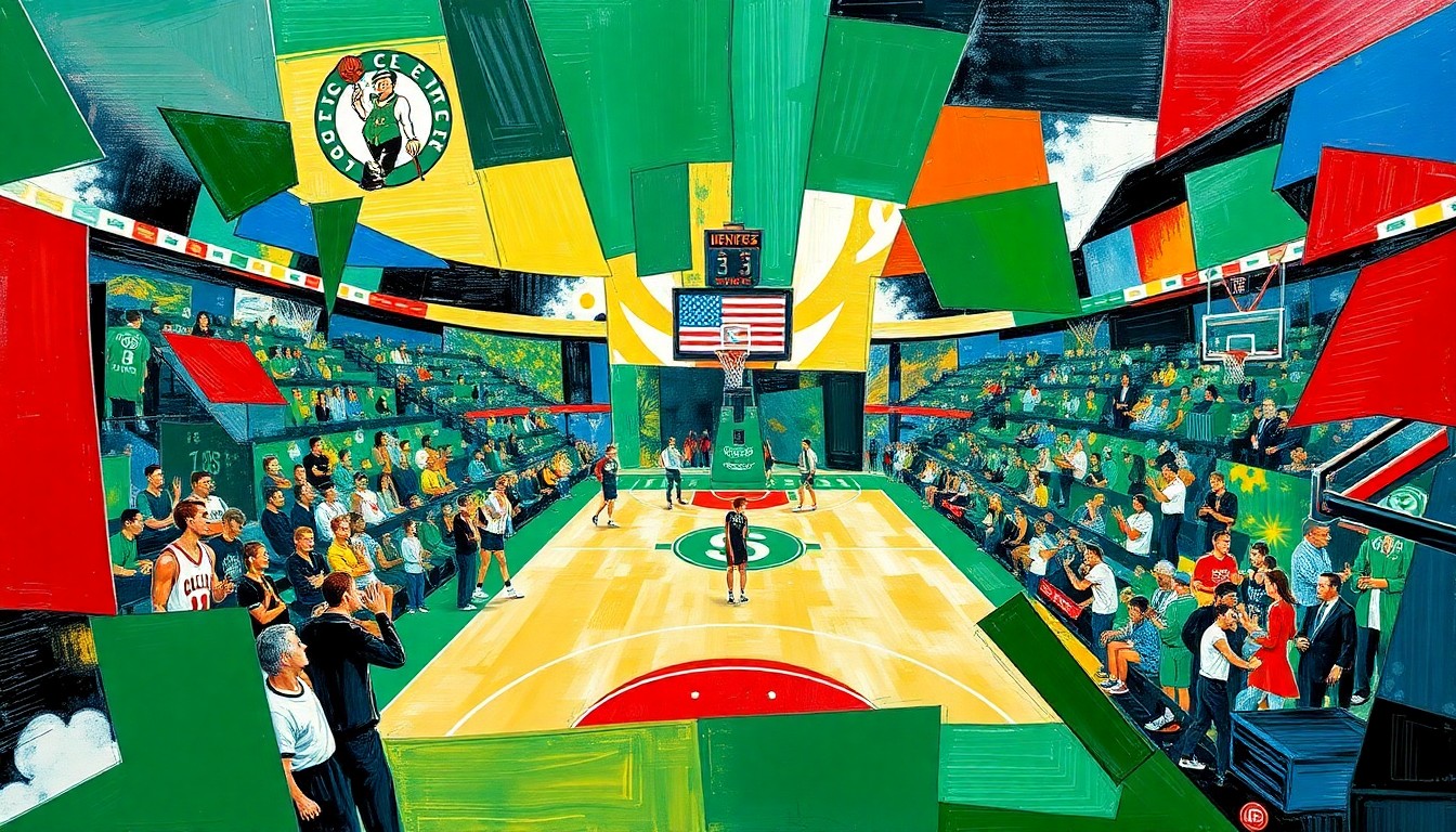 A cubist, geometric painting depicting a basketball game in motion, with sharp, overlapping shapes and planes in the team colors of the Celtics and 76ers.