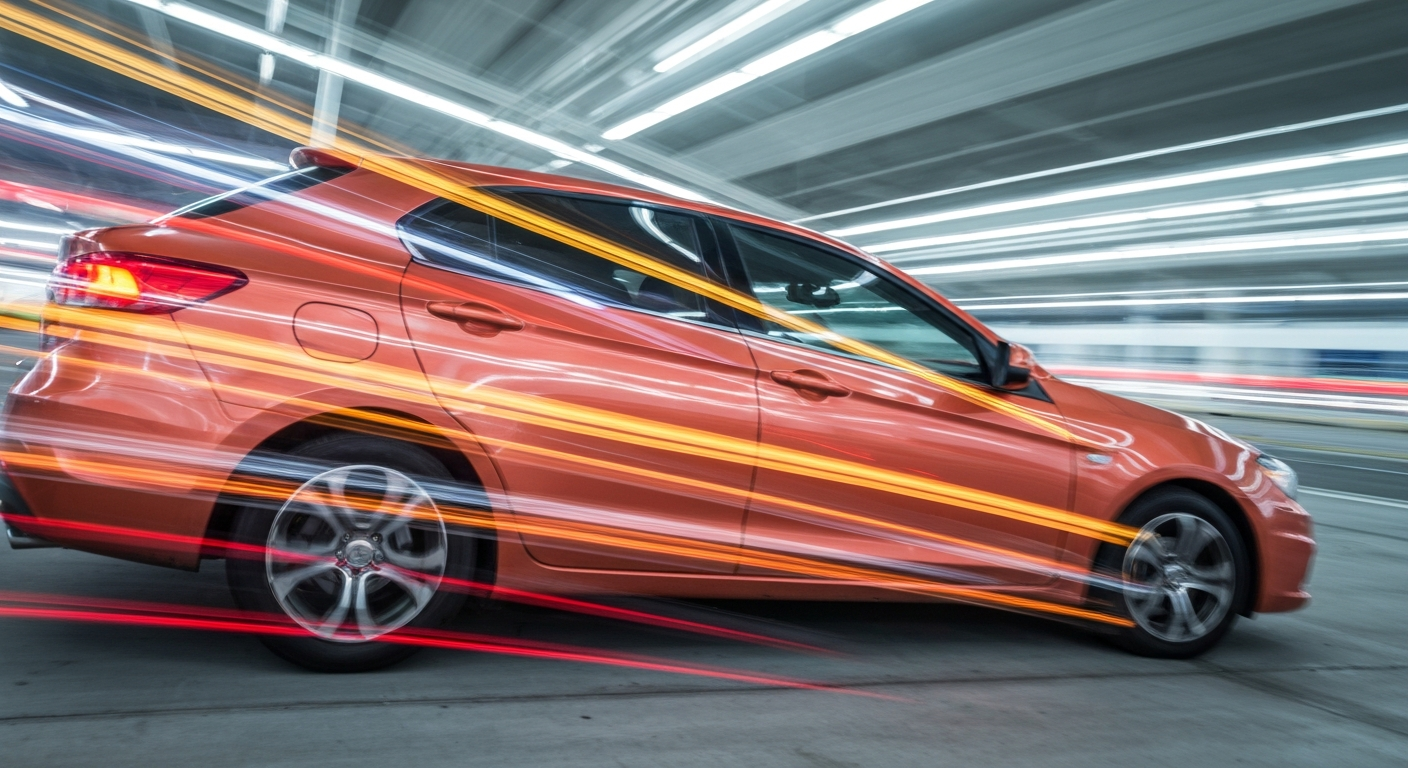An abstract, sweeping image of a budget rental car at Tampa Airport, its form blurred into vibrant streaks of color, conveying a sense of speed and modern travel.