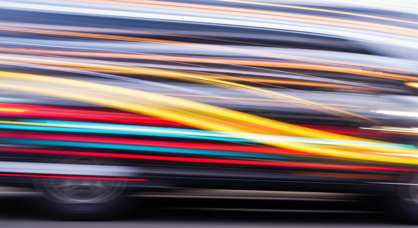An abstract, colorful image created through a slow-shutter, panning camera technique, depicting the blurred motion of a vehicle on the streets, conveying a sense of speed and energy.