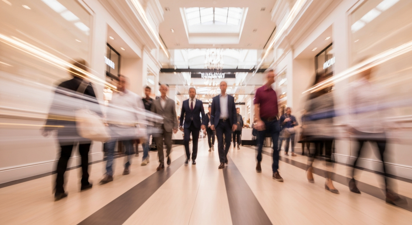 An abstract, colorful image created with sweeping, blurred brushstrokes, representing the dynamic movement and energy of shoppers exploring a premium outlet mall in Nice.