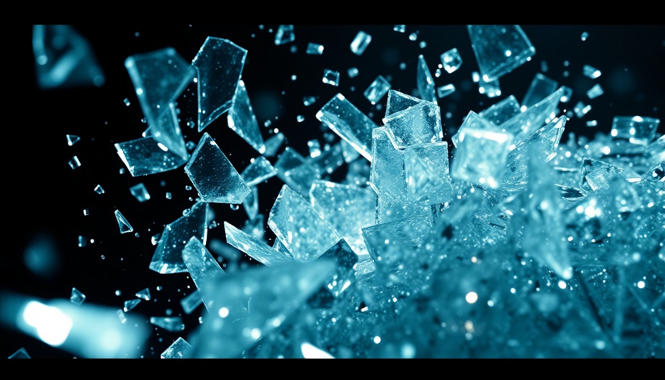 An extreme close-up photograph of shattered glass and glittering shards, captured in dramatic studio lighting to create a high-contrast, glamorous texture that conceptually represents the high-stakes art heist at the heart of the film.