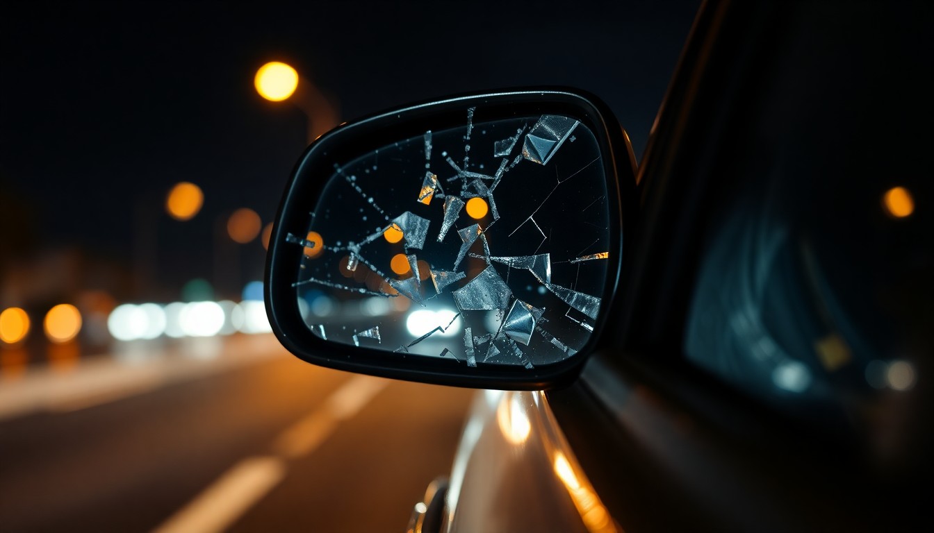 An extreme close-up of a shattered car side mirror reflecting the faint glow of streetlights, conceptually illustrating the aftermath of a hit-and-run incident.