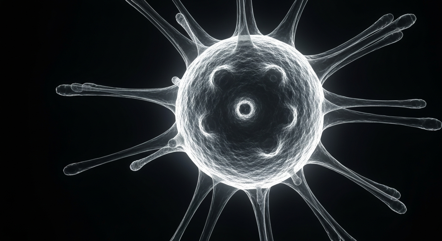 An extreme close-up X-ray image showing the ghostly, glowing outline of a measles virus particle, conceptually illustrating the invisible threat of this infectious disease.