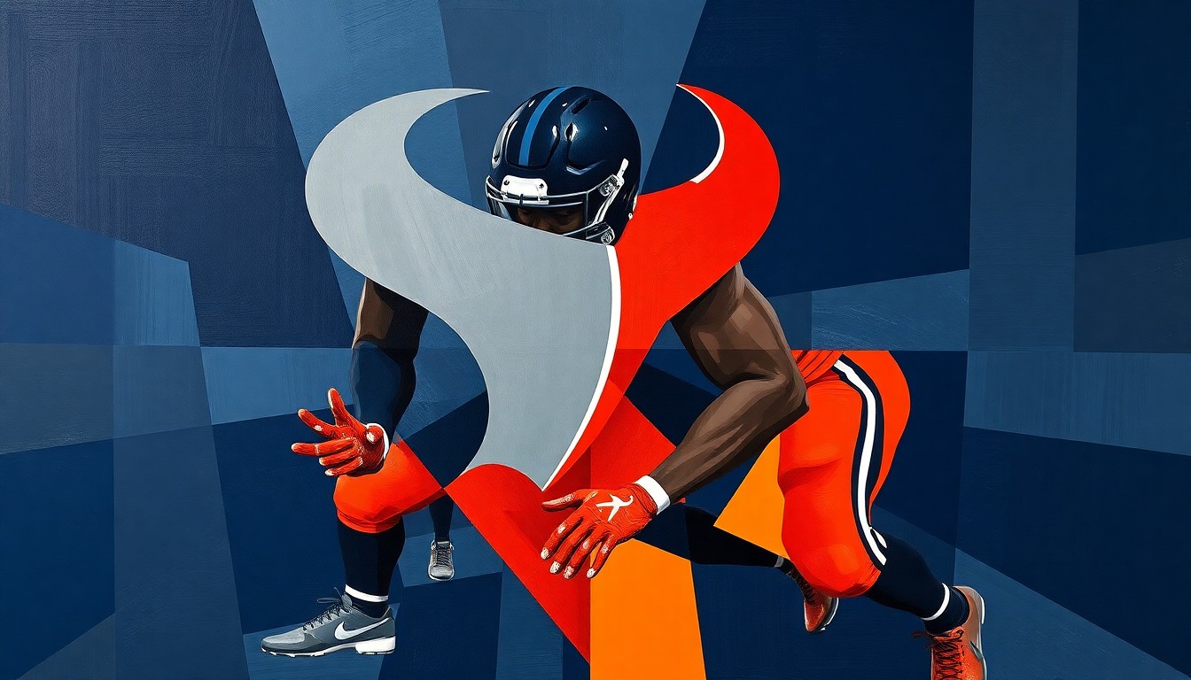 A cubist, geometric painting depicting an offensive lineman's blocking movements, with sharp planes of navy, gray, and orange colors representing the Texans' team colors.