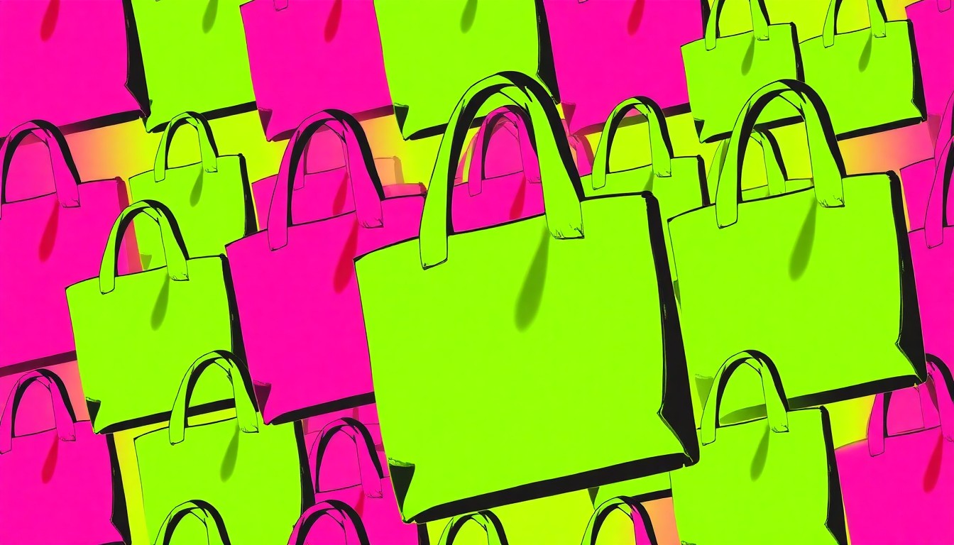A highly stylized, abstract grid of brightly colored reusable grocery tote bags, conceptually representing the community-focused energy of a local food co-op's anniversary celebration.