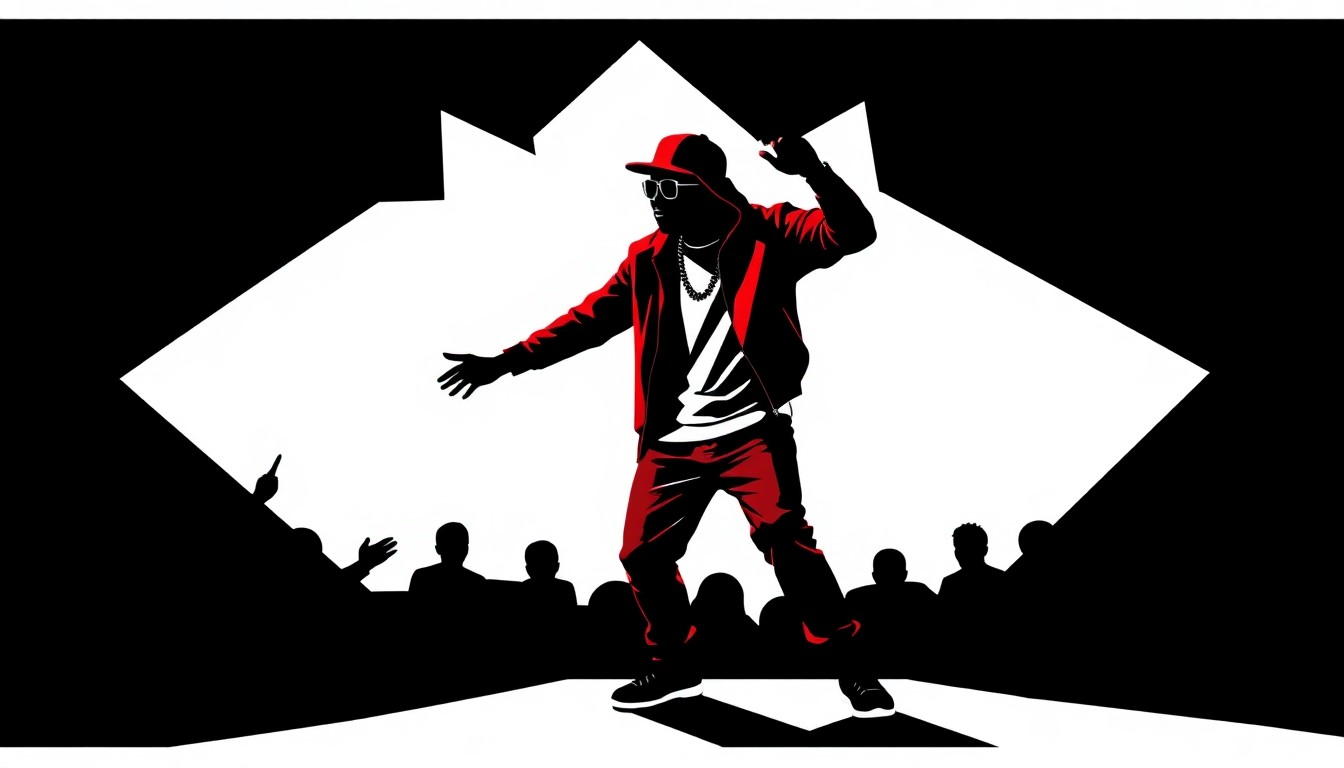 A bold, abstract illustration in the style of Saul Bass, featuring stark black silhouettes of a performer on stage against a high-contrast red and white background, capturing the energy and artistry of a hip-hop concert.