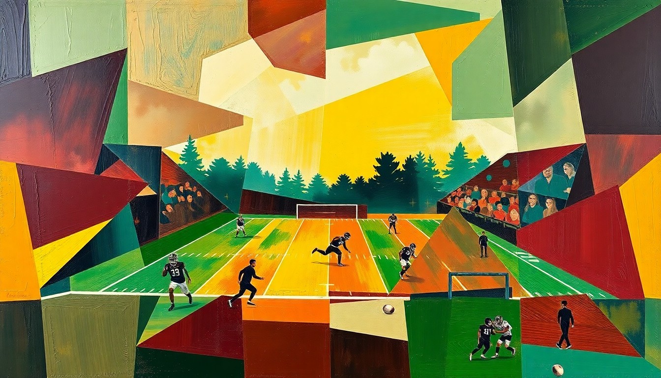 A cubist, geometric painting depicting a high school football game, with players and field elements fractured into sharp, overlapping planes of maroon, green, and yellow, conveying the strategic complexity of the sport.