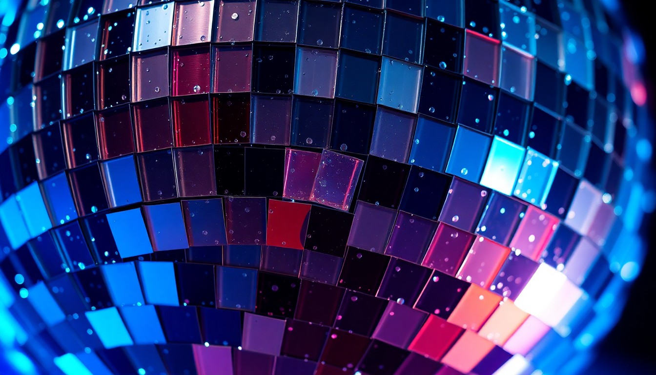 An extreme close-up photograph of a glittering, reflective disco ball texture, capturing the glamorous and high-energy atmosphere of a live music event.