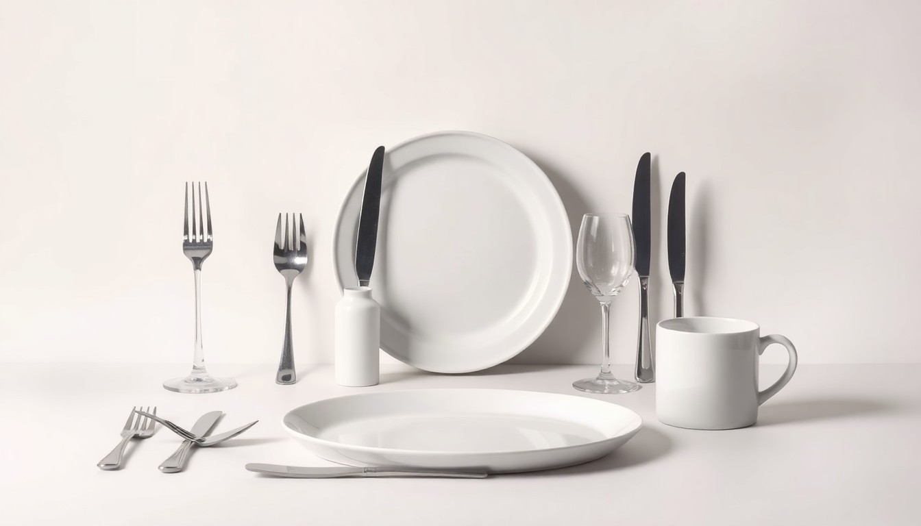 A high-end, photorealistic studio still-life photograph featuring a collection of premium restaurant tableware and utensils arranged elegantly on a clean, monochromatic seamless background, conceptually representing the abstract challenges facing Akron's downtown dining establishments.