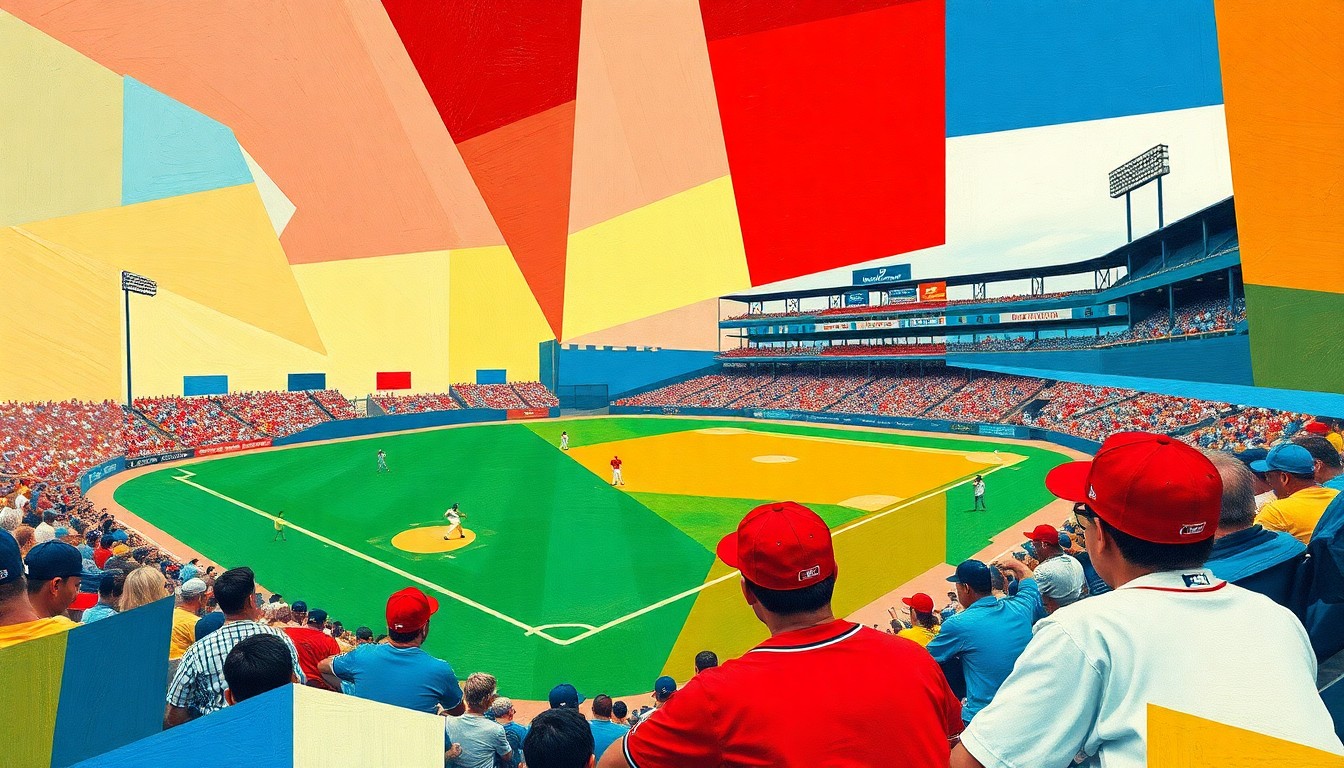 A cubist, geometric painting depicting a youth baseball game, with the players, field, and crowd broken down into overlapping planes of vibrant primary colors.