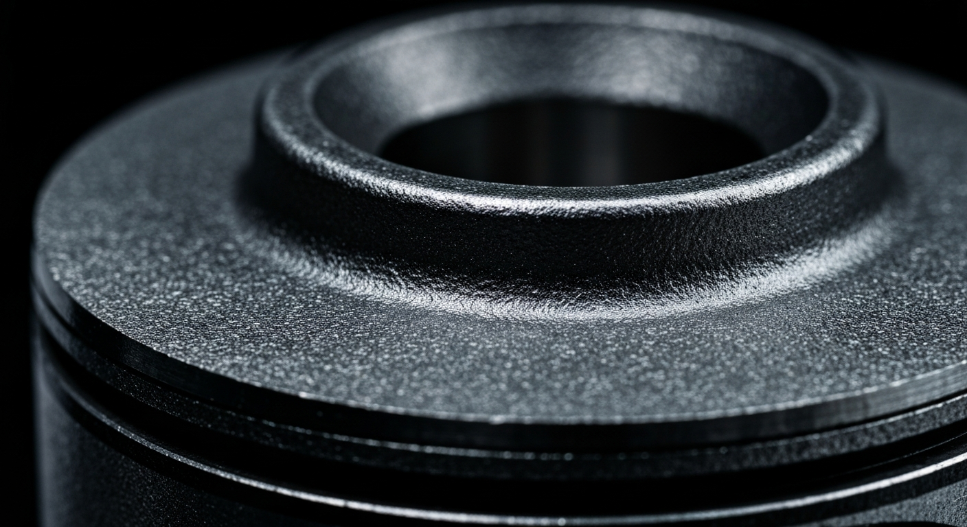 An extreme close-up of the raw, pebbled surface of an automobile engine part, conveying the complex engineering and materials that go into vehicle maintenance and repair.