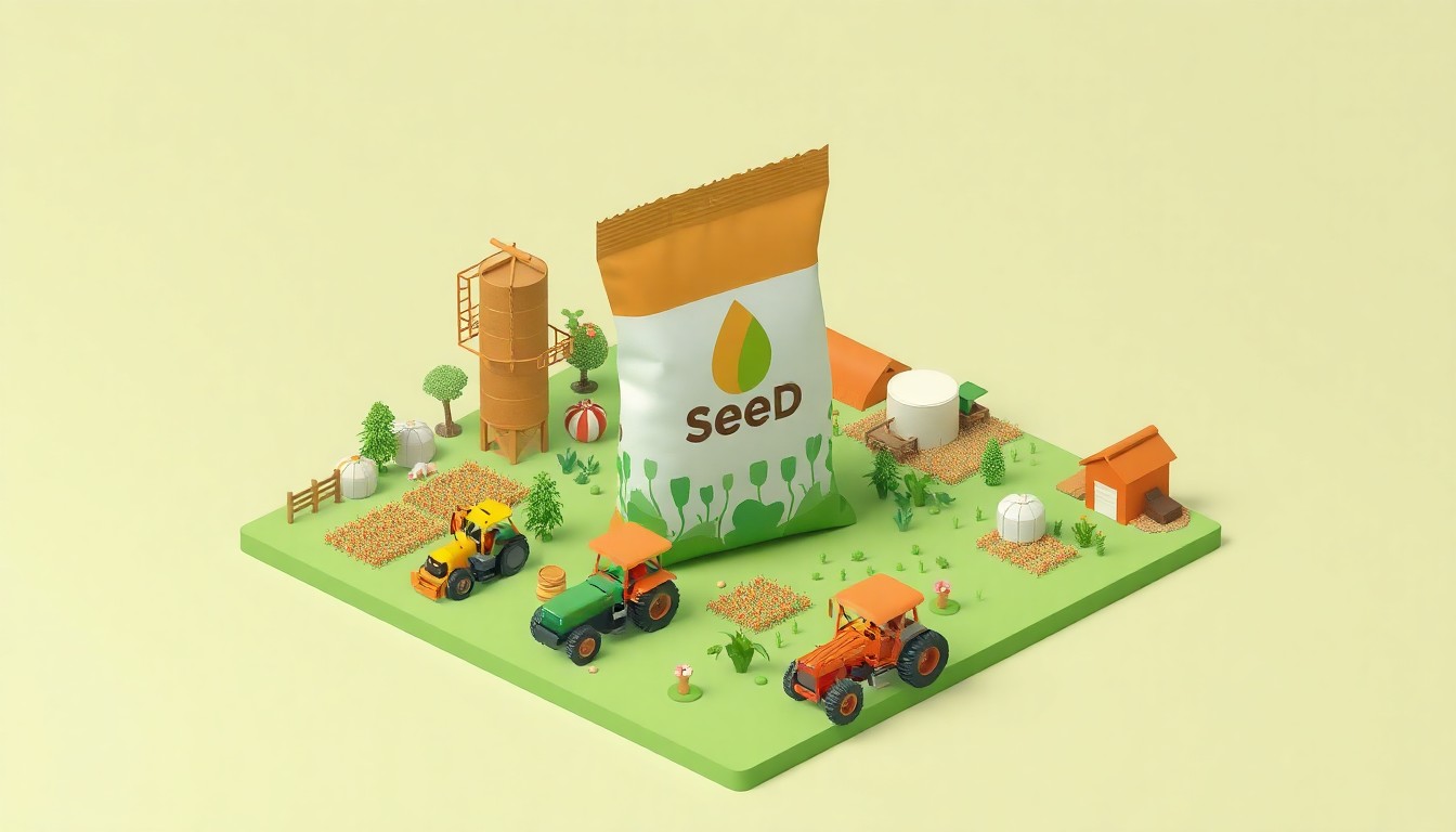 A stylized, isometric 3D illustration depicting a central seed packet surrounded by various farming elements like tractors, silos, and fields, representing the National Seeds Corporation's pivotal role in providing high-quality seeds to Indian farmers.