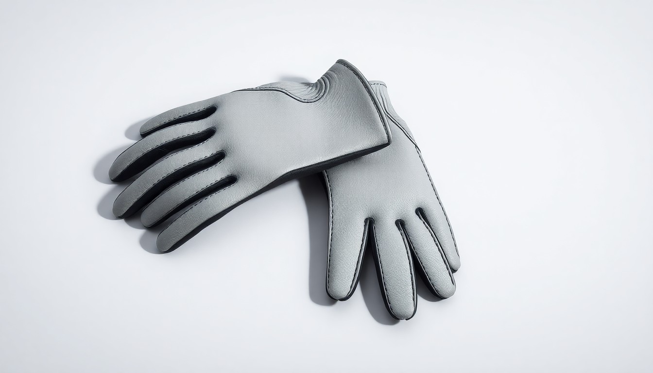 A pair of high-end leather golf gloves arranged elegantly on a clean, monochromatic background, showcasing the premium materials and craftsmanship of the Forelinksgolf product.