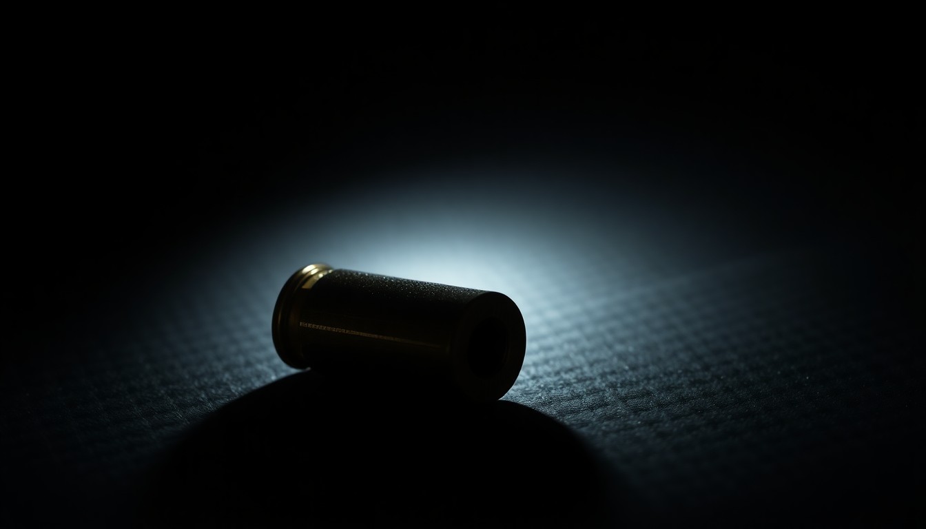 An extreme close-up photograph of a single spent bullet casing on a dark surface, lit by a harsh, direct camera flash, conceptually illustrating the aftermath of a fatal shooting incident.