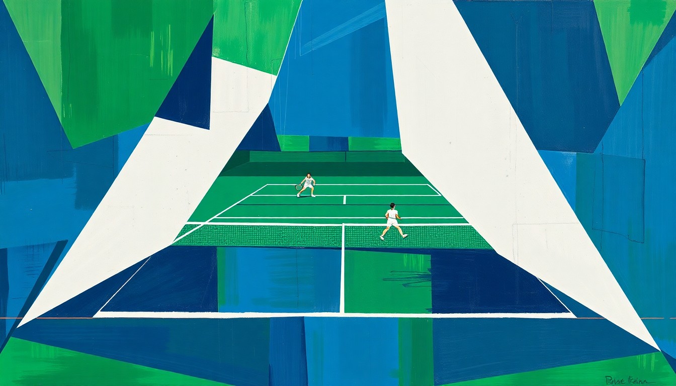 A cubist, geometric painting depicting a college tennis match, with sharp, overlapping planes of navy, green, and white representing the dynamic action on the court.