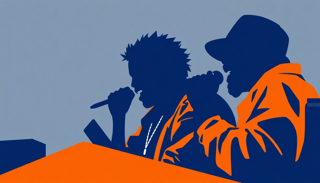 A bold, graphic composition of jagged, overlapping shapes in deep indigo and bright orange, conceptually representing the themes of poetry, hip hop, and live music performance.