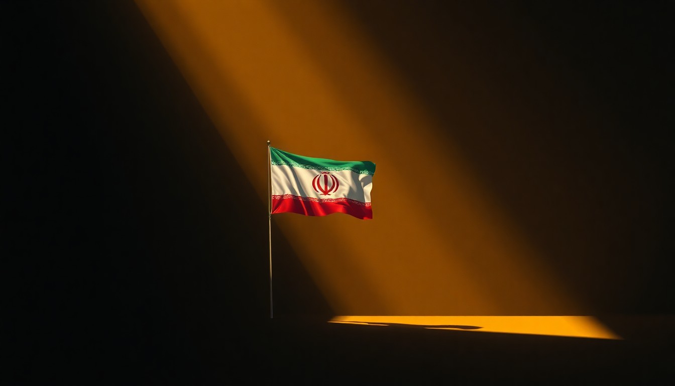 A warm, nostalgic painting of a solitary Iranian flag or political symbol in a sunlit urban setting, conveying the pent-up frustration and hope of the Iranian diaspora's fight for freedom.