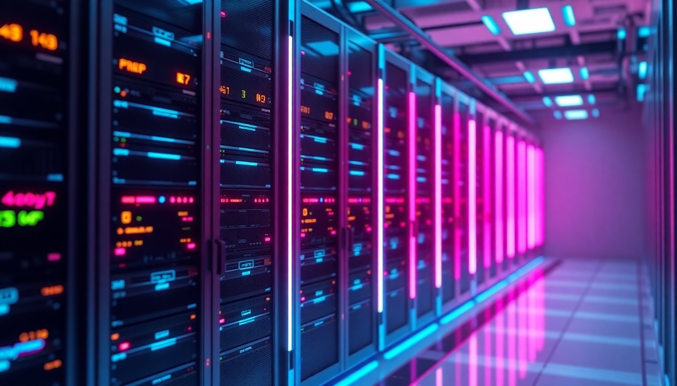 A highly detailed, glowing 3D illustration of a futuristic, illuminated data center server rack, with neon cyan and magenta lights pulsing through the hardware, conceptually representing the powerful digital infrastructure powering Cornell's new research repository.
