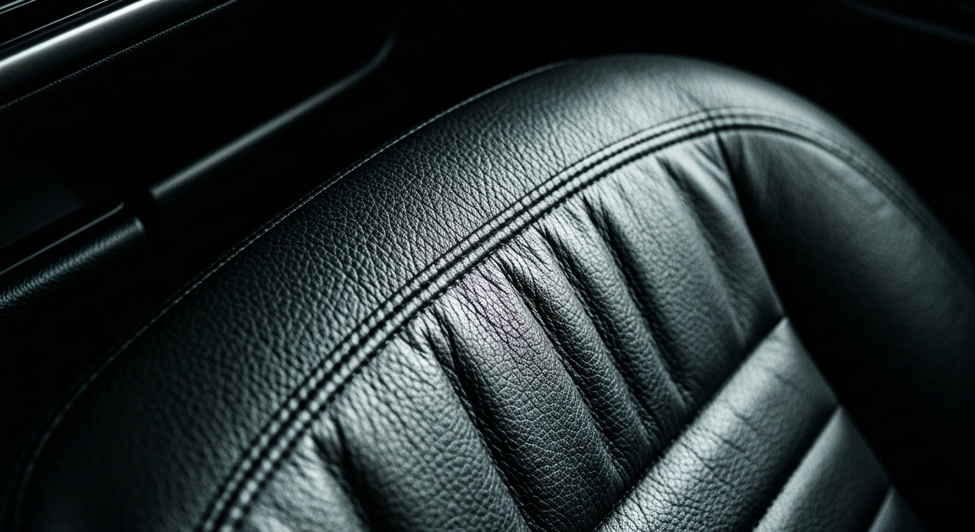 An extreme close-up of the pebbled leather interior of a used Honda City, showcasing the rich textures and colors in a dramatic, artistic manner.