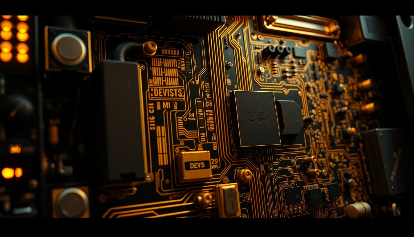 An extreme close-up photograph of the complex, gold-toned electronic components and circuitry that make up the Devs machine, captured in dramatic high-contrast studio lighting to create a sense of technological luxury and mystery.