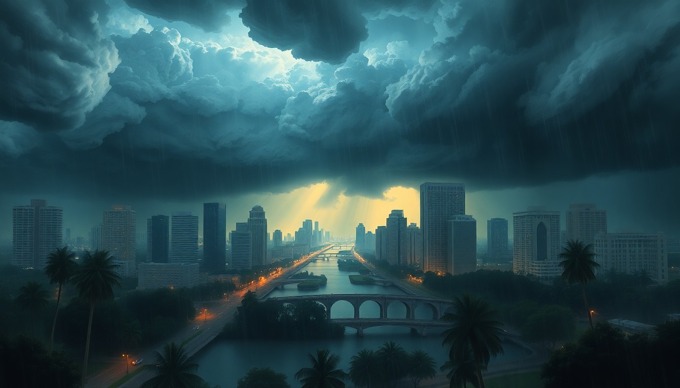 A sweeping, atmospheric landscape painting depicting a heavy rainstorm moving across the Miami skyline, with the city's iconic skyscrapers and palm trees dwarfed by the dramatic weather system.