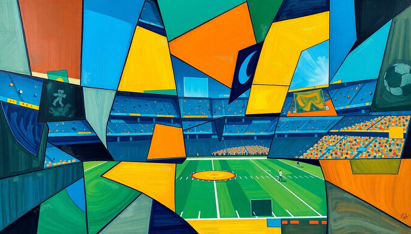 A fractured, cubist-style painting depicting a UFL football match or game, with sharp geometric planes in shades of blue, green, and orange overlapping to create a dynamic, multi-perspective visual representation of the action on the field.