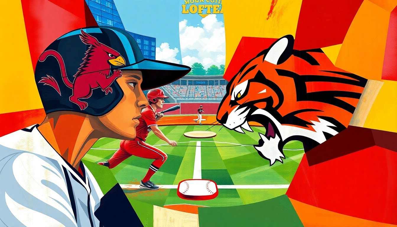 A cubist, geometric painting depicting a softball game in motion, with overlapping planes of bright garnet, black, gold, and navy blue colors representing the South Carolina and Missouri teams.