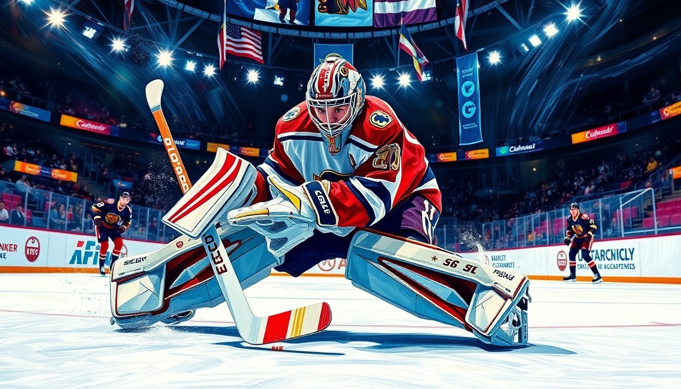 A fragmented, geometric painting in bold colors showing a hockey goaltender attempting to make a save, with the puck, net, and player forms broken down into overlapping planes, creating a dynamic, kinetic visual representation of the unusual goal scored from long distance.