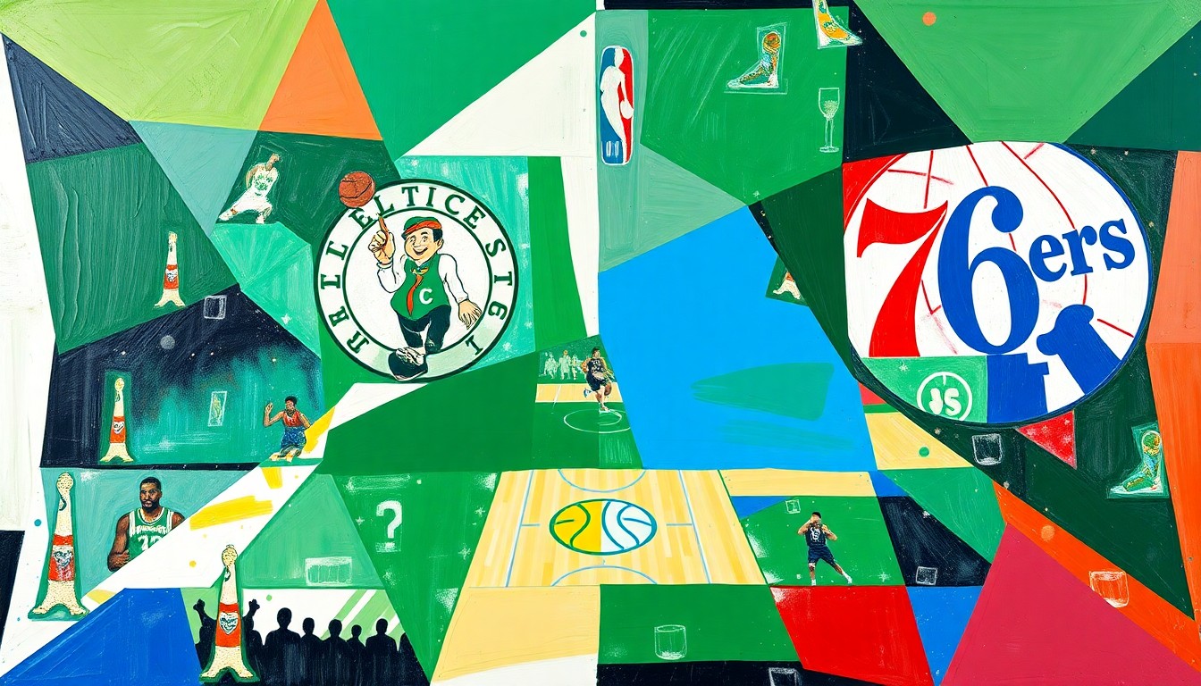 A cubist, geometric painting depicting a basketball game in motion, with sharp, overlapping planes of green, white, blue, and red representing the Celtics and 76ers players and the action on the court.