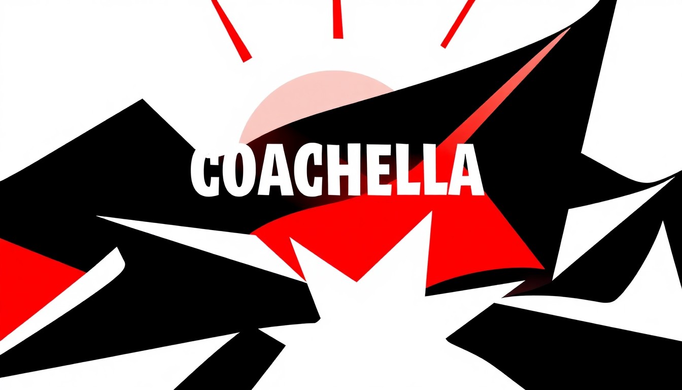 An abstract, minimalist illustration featuring sharp, jagged shapes in black, white, and bright red, capturing the dynamic atmosphere of the Coachella music festival.