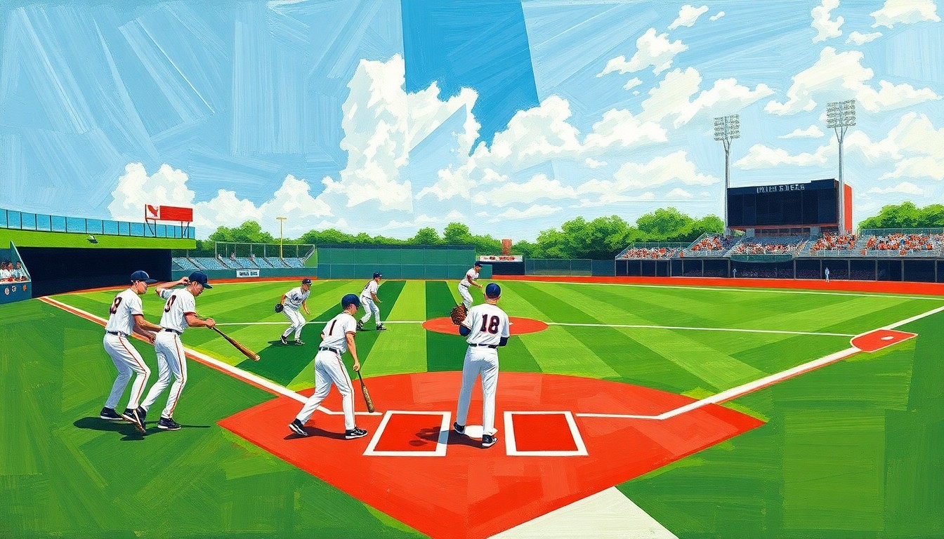 A fragmented, geometric painting depicting the dynamic action of a high school baseball game, with overlapping planes of green, white, and red representing the field, uniforms, and dirt.