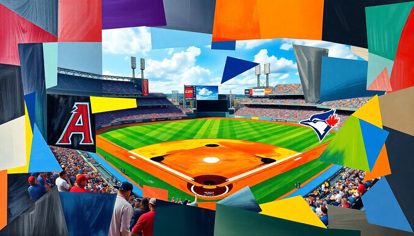A fractured, multi-perspective painting in vibrant colors representing a baseball game, with sharp, overlapping geometric planes that capture the dynamic action and energy of the sport.