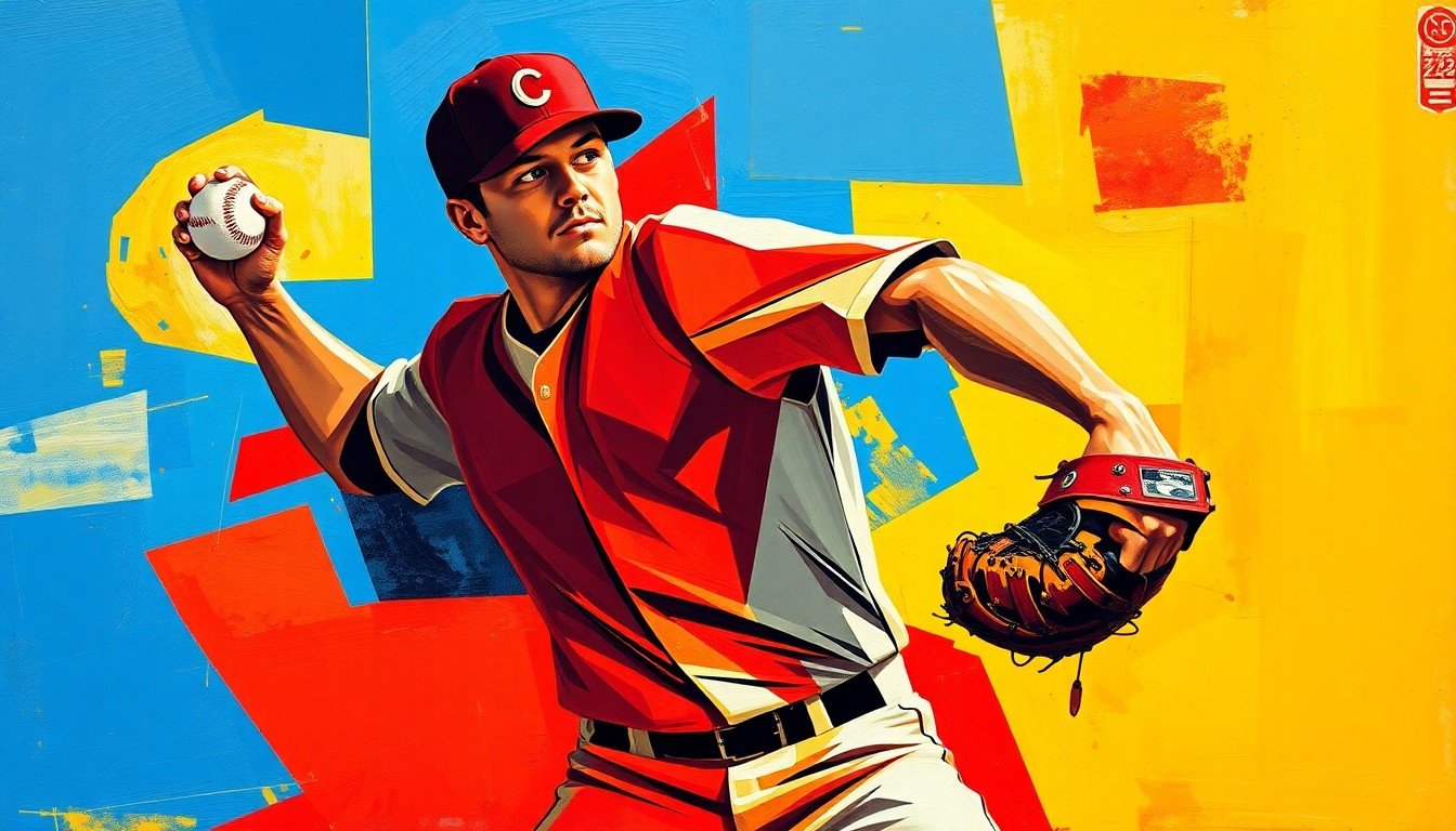 A fractured, geometric painting depicting the motion of a baseball pitcher, with sharp planes of color and overlapping shapes representing the power and precision of the pitcher's delivery.