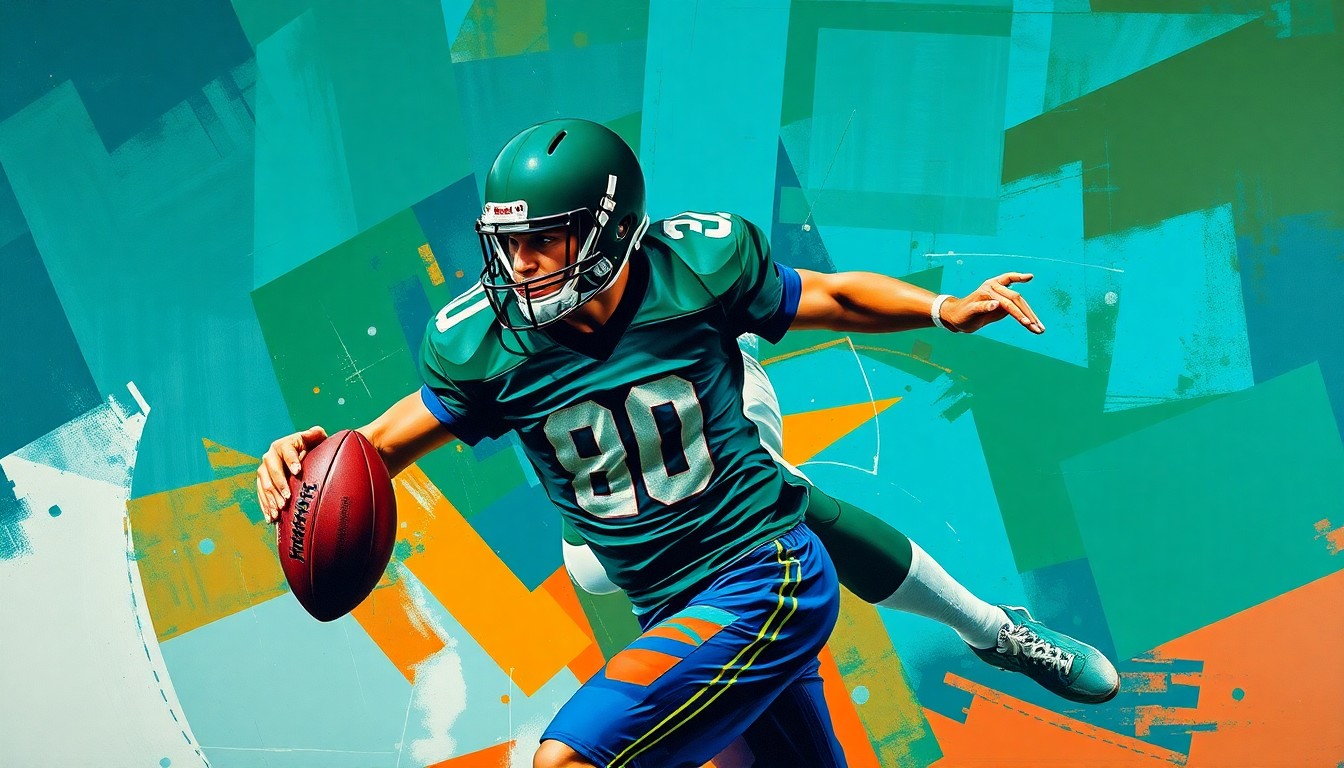 A fragmented, geometric painting depicting the dynamic movements and commanding presence of a football player, conveying the raw energy and strategic complexity of the sport.