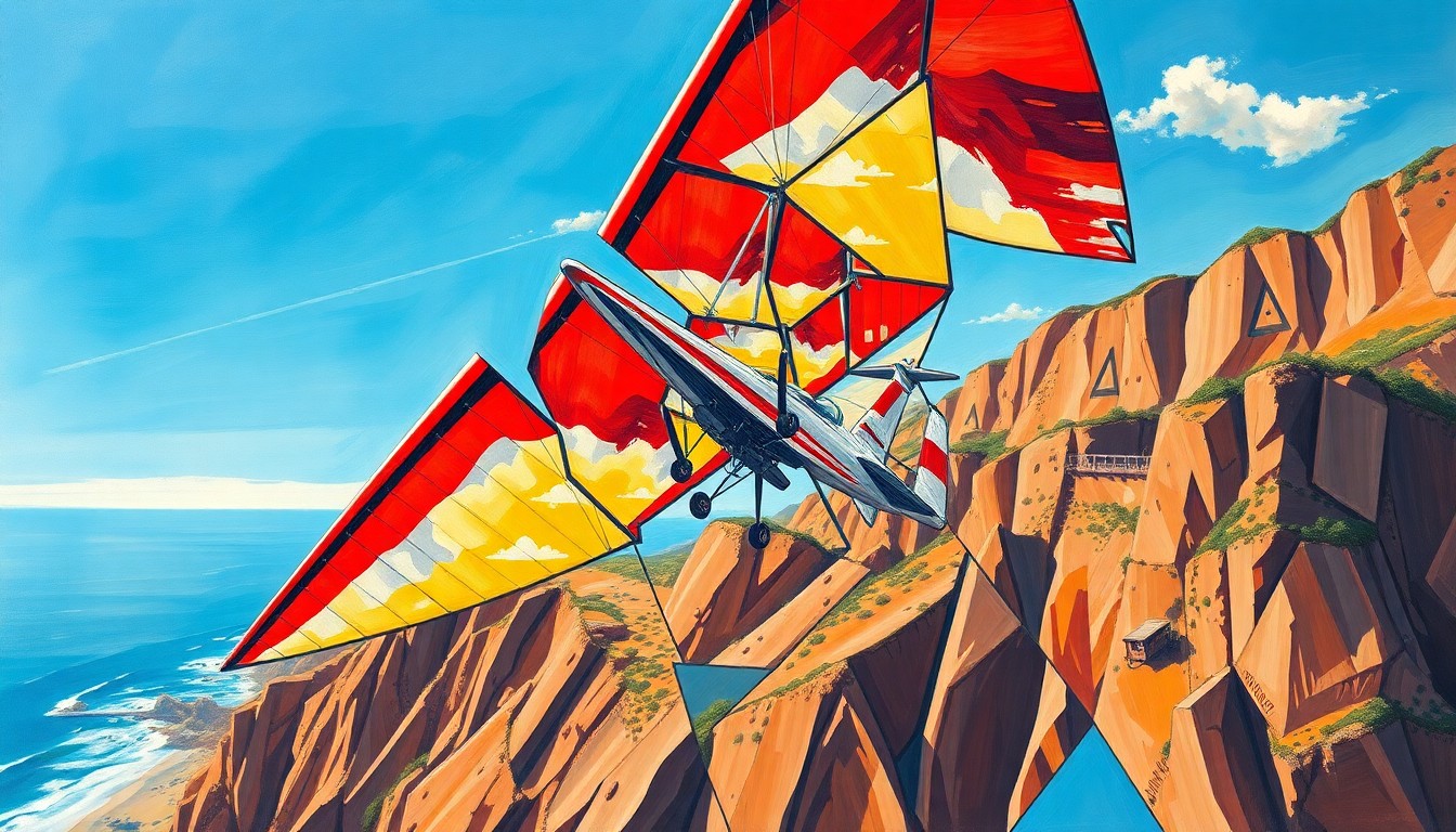A fragmented, cubist-style painting depicting a hang glider accident at the Torrey Pines Glider Port, with the cliffs, sky, and rescue equipment broken down into sharp, overlapping geometric shapes and planes of vibrant color.