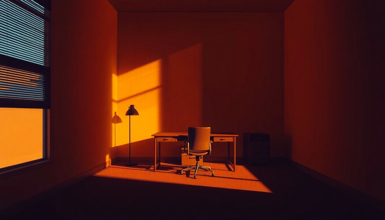 A quiet, cinematic painting of an empty office space with a lone desk and chair, bathed in warm, diagonal sunlight and deep shadows, conceptually representing the sensitive intersection of personal financial data, political expression, and corporate interests.