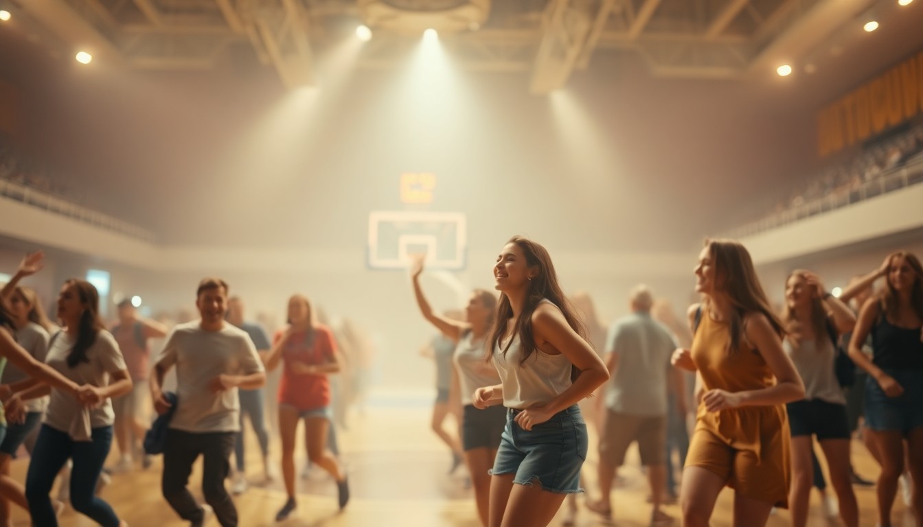 An extremely abstracted, out-of-focus photograph depicting a crowd of college students dancing on a basketball court, with soft pools of warm light and color creating a dreamlike, celebratory atmosphere.
