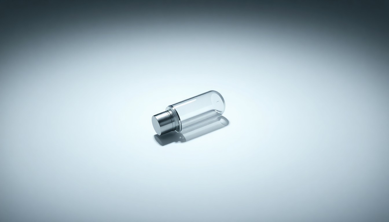 A high-end, photorealistic studio still-life photograph featuring a sleek, metallic medical device or pharmaceutical vial placed elegantly on a clean, monochromatic background, conceptually representing innovation and advancement in the cancer treatment industry.