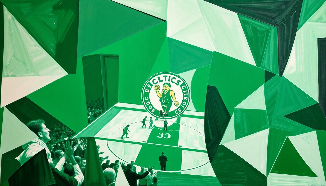 A cubist, geometric painting depicting a Celtics basketball game, with sharp, overlapping planes of green and white representing the team's intensity and focus.