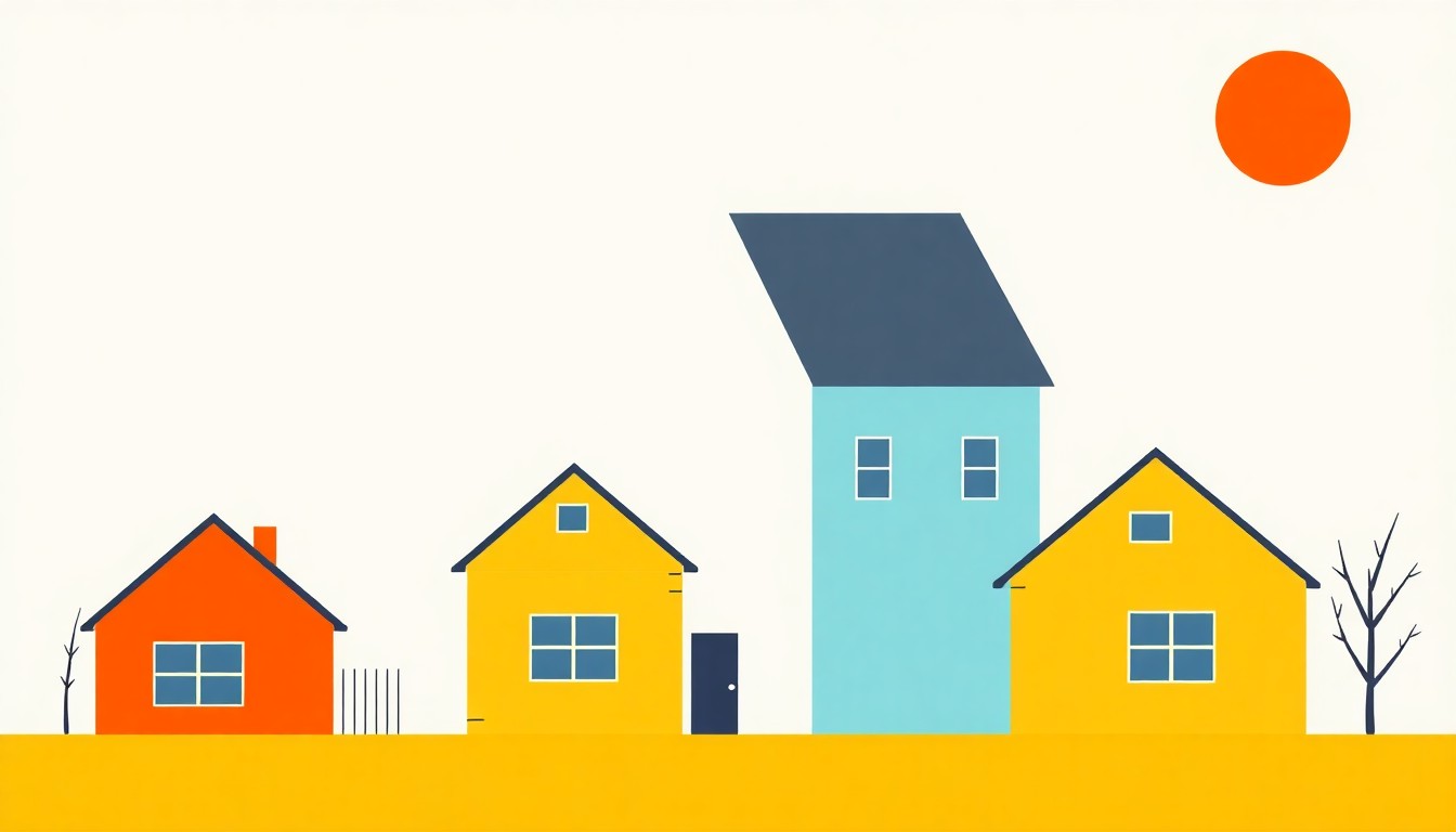 A geometric abstract illustration featuring overlapping triangles and rectangles in shades of blue, red, and yellow, conceptually representing the complex economic factors impacting housing affordability for young adults.