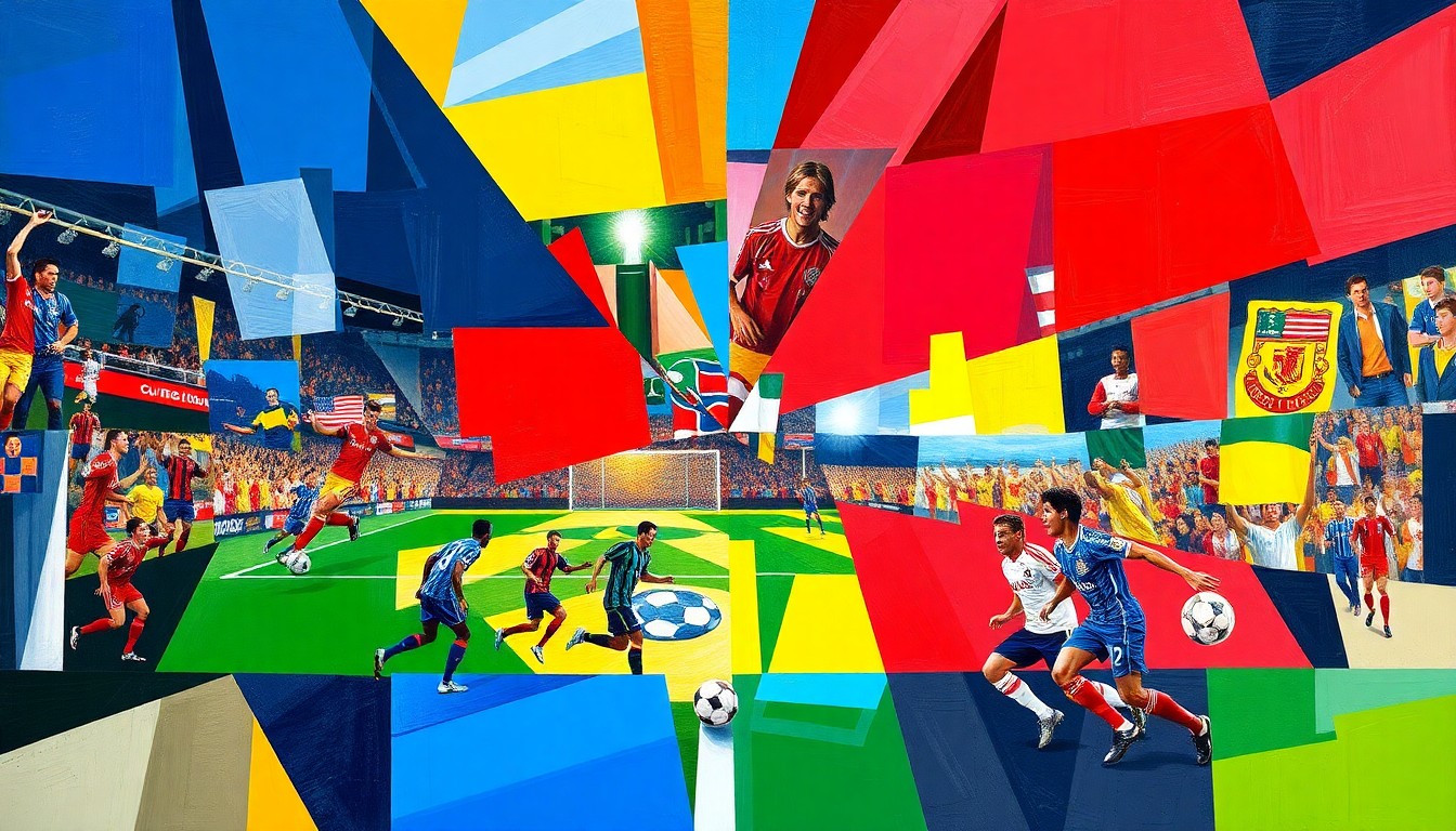 A cubist, geometric painting depicting a vibrant soccer celebration with overlapping planes of red, blue, and yellow, representing the colors of the New York Red Bulls and New York Cosmos teams.