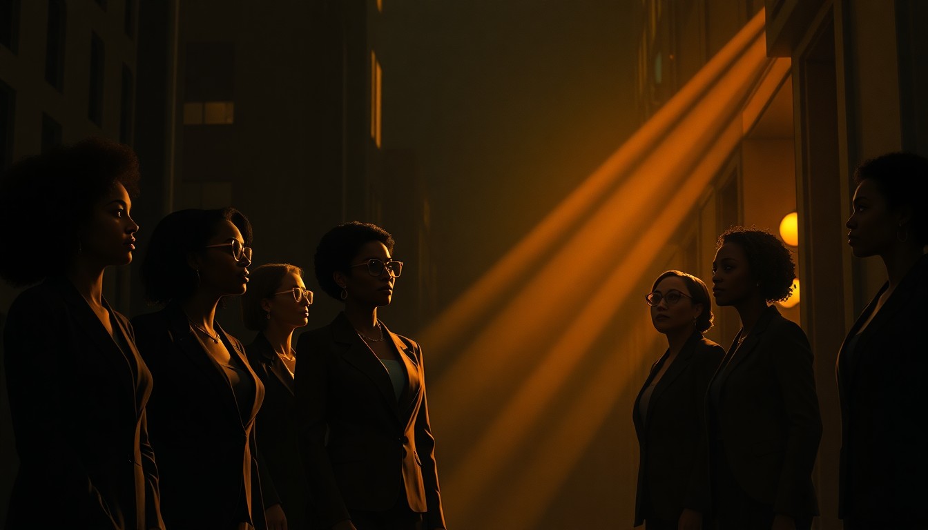 A cinematic painting of a group of Black women in business attire standing in a dimly lit, urban setting, with warm sunlight and deep shadows creating a contemplative, nostalgic mood.