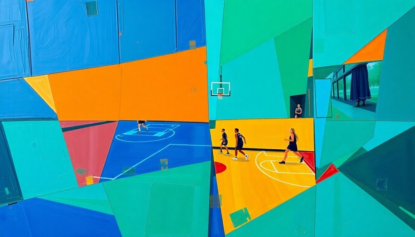 A cubist, geometric painting depicting a WNBA basketball practice, with players and coaches broken down into overlapping planes of vivid colors like blue, orange, and green, conveying the intensity and discipline of the team's new coaching regime.