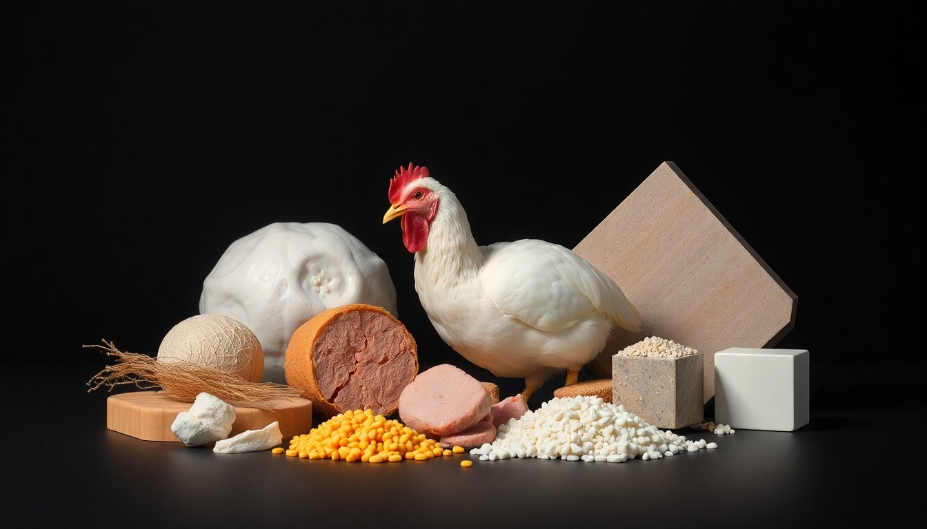 A high-end, photorealistic studio still-life photograph featuring a carefully arranged composition of premium, polished raw materials and clean geometric shapes in dramatic studio lighting, conceptually representing the poultry industry's reliability, quality, and expertise.