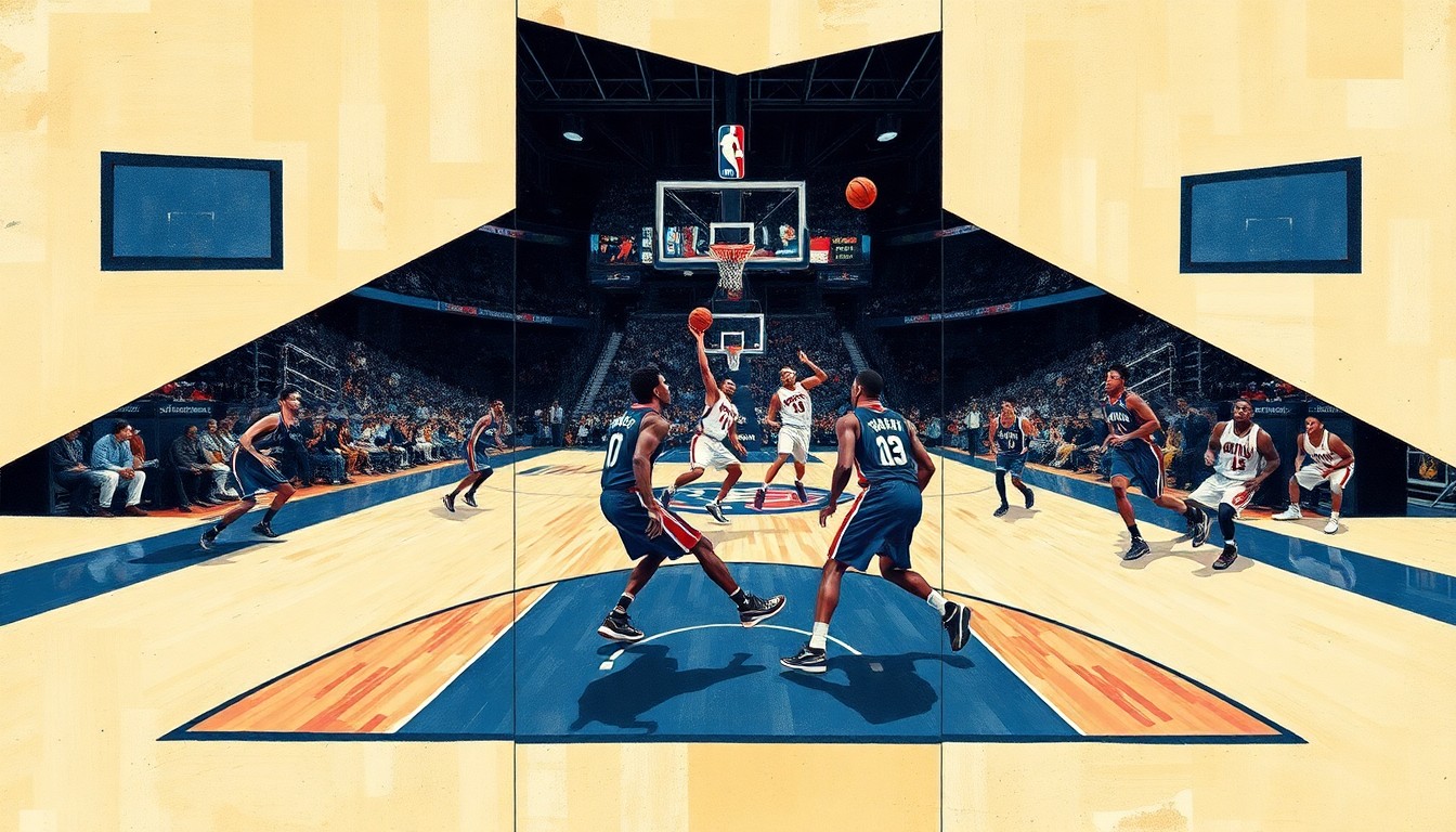 A cubist, geometric painting depicting the action of a basketball game between the Orlando Magic and Detroit Pistons, with the players' movements and the court's elements fractured into abstract shapes and forms.