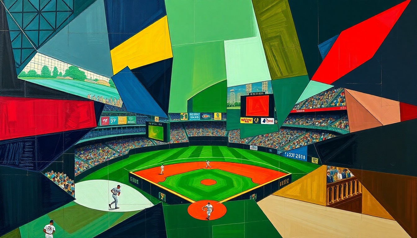 A fractured, geometric painting in bold colors depicting a baseball game, with players and umpires represented as fragmented shapes and planes, conveying the heated emotions of the on-field confrontation.