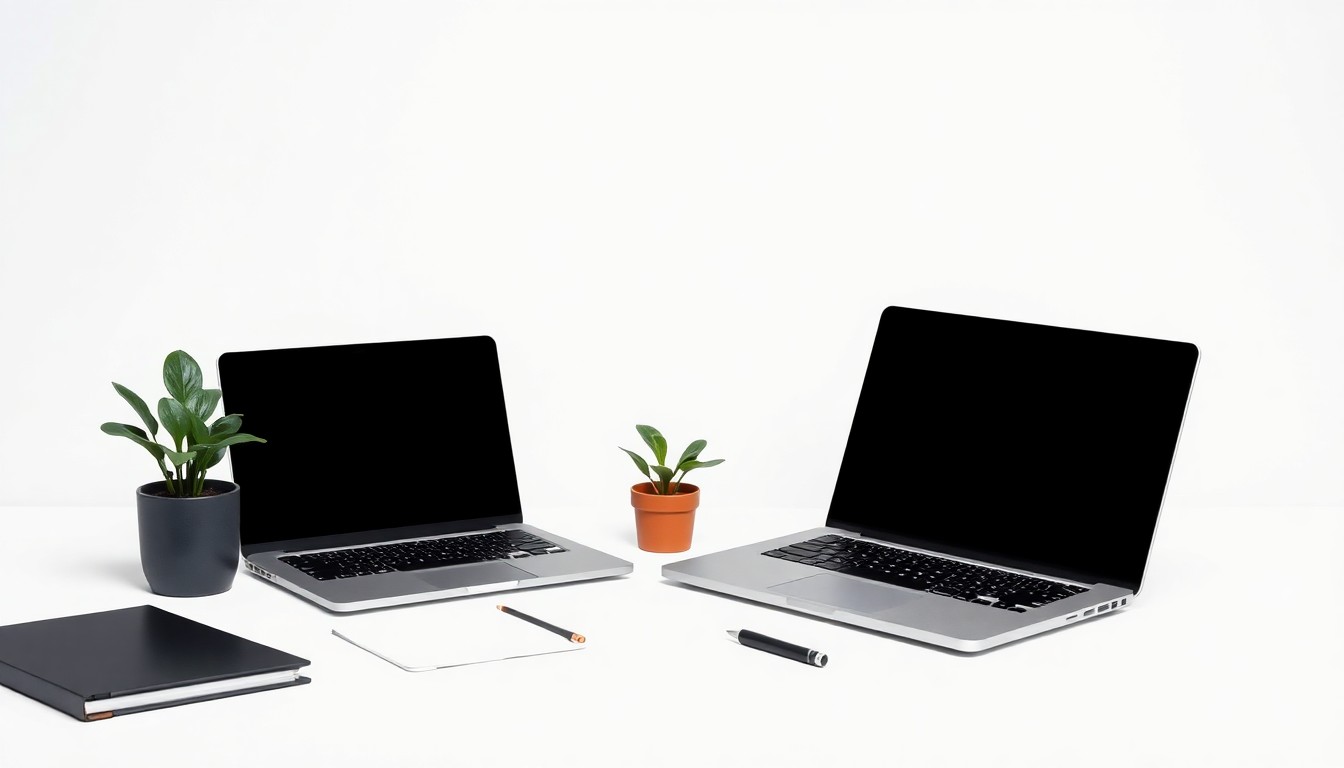 A clean, monochromatic studio photograph featuring a laptop, a small potted plant, and a pen arranged elegantly, representing the tools and environment of a home-based small business.